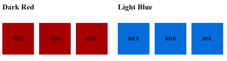 Showing Colors Rendered In HEX, RGB, And HSL,Shown In Dark Red On The Left And Light Blue On The Right