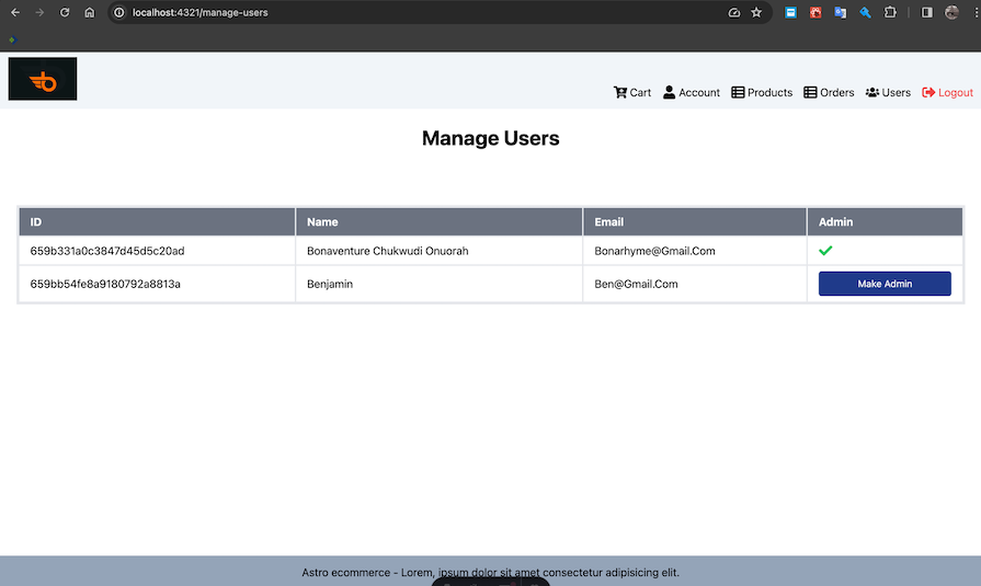 Astro Ecommerce Site Admin Page For User Management