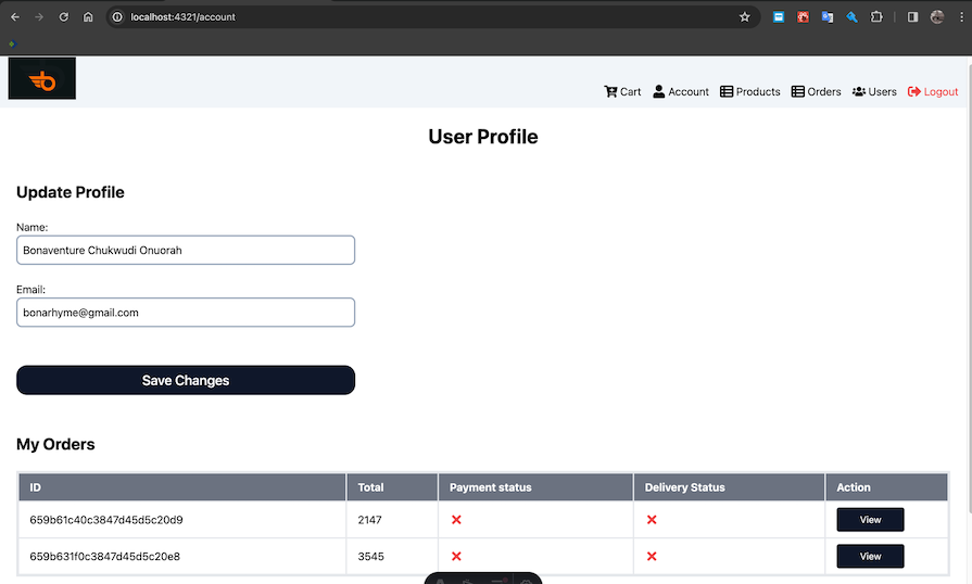 Astro Ecommerce Site User Account Management Page