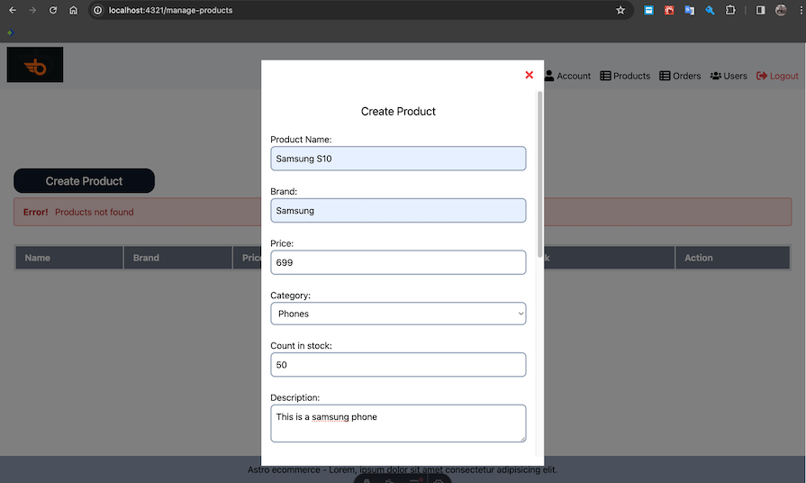 Astro Ecommerce Site Showing Popup Dialog With Form For Admin To Create A New Product