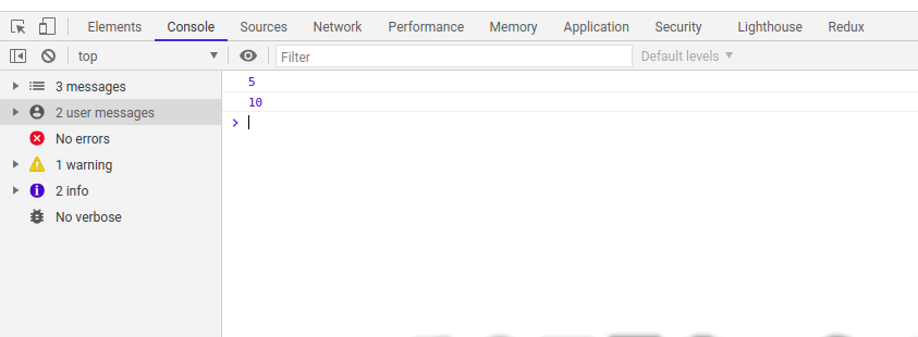 synchronous JavaScript functions displaying function results, 5 and 10, in the console