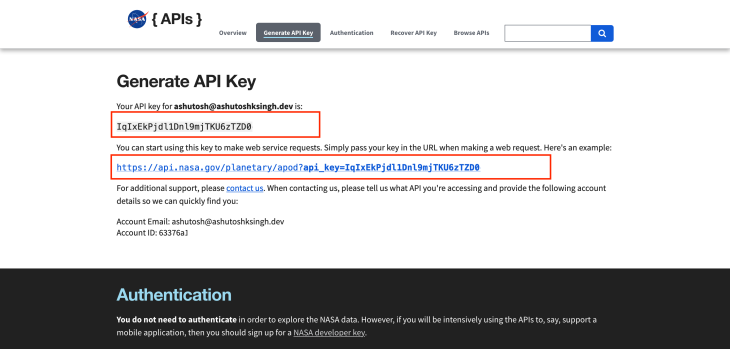 generated key from the NASA API