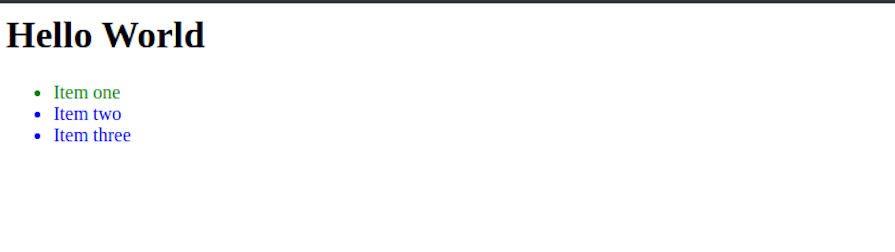 Three List Items. First Item Has Green Text While Second And Third Items Have Blue Text Due To Specificity Priority, As The Feature Style Comes After The Item Style
