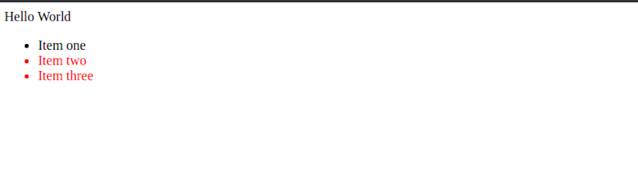 List Of Three Items With No Matching Selector Property, Causing Color Property To Roll Back To User Agent Origin Styles. Result Is That First List Item Is Black While Remaining List Items Are Red