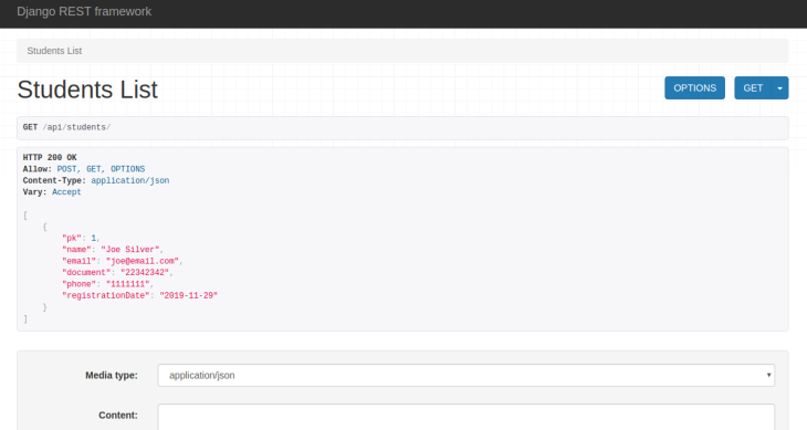 Student List Shown At Localhost 8000 While Testing Django Endpoints